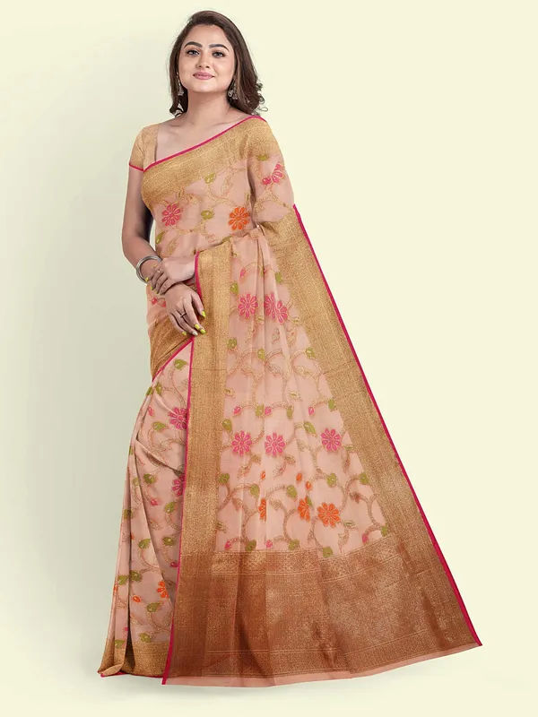 Peach_Cotton_Blend_Banarasi_Sarees_For_Women