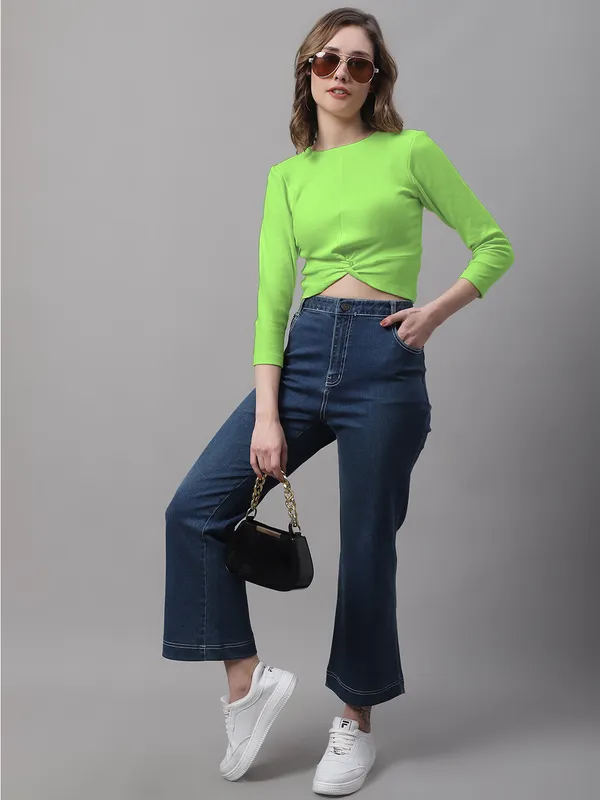 Parrot_Green_Cotton_Rib_Round_Neck_Knot_Top_For_Women