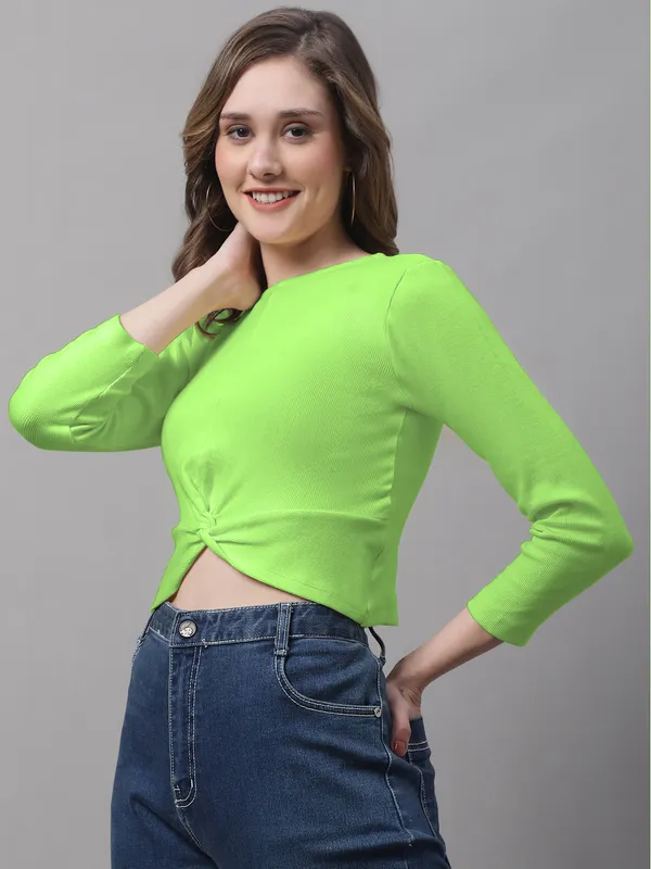 Parrot_Green_Cotton_Rib_Round_Neck_Knot_Top_For_Women