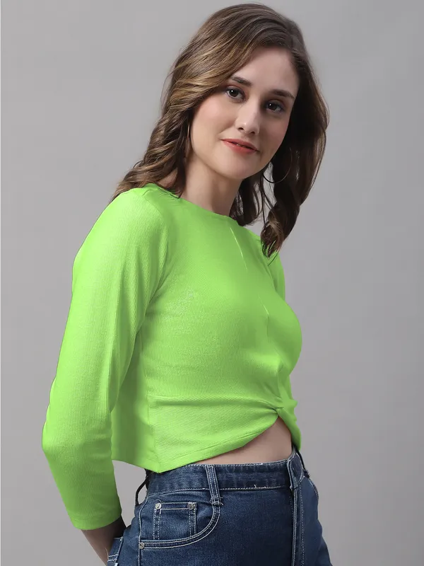 Parrot_Green_Cotton_Rib_Round_Neck_Knot_Top_For_Women