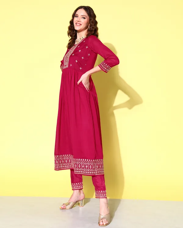 Pink_Chinon_Silk_Sequence_Zari_Embroidered_Flared_Kurta_Pant_With_Dupatta