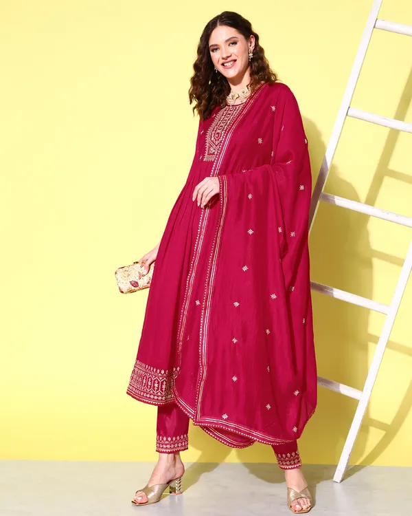 Pink_Chinon_Silk_Sequence_Zari_Embroidered_Flared_Kurta_Pant_With_Dupatta