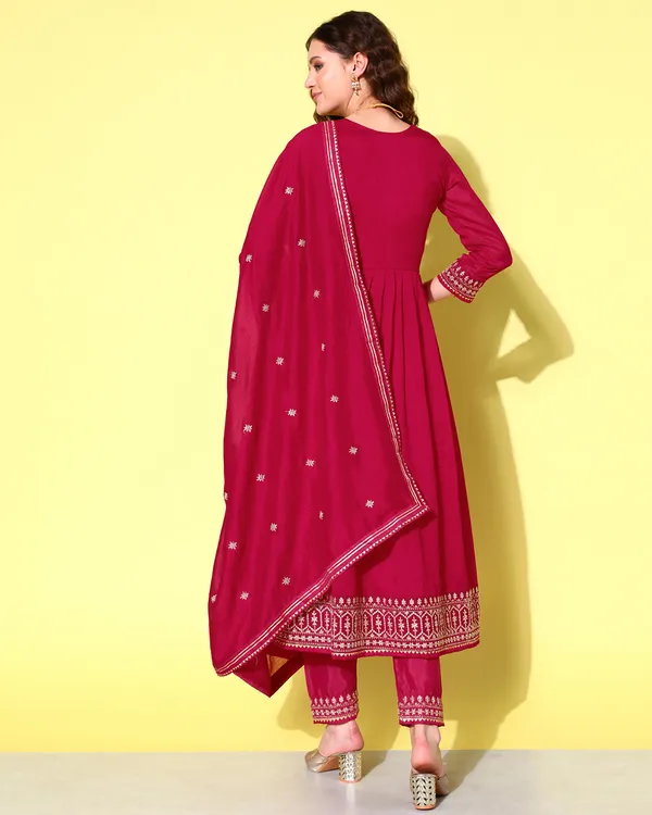 Pink_Chinon_Silk_Sequence_Zari_Embroidered_Flared_Kurta_Pant_With_Dupatta