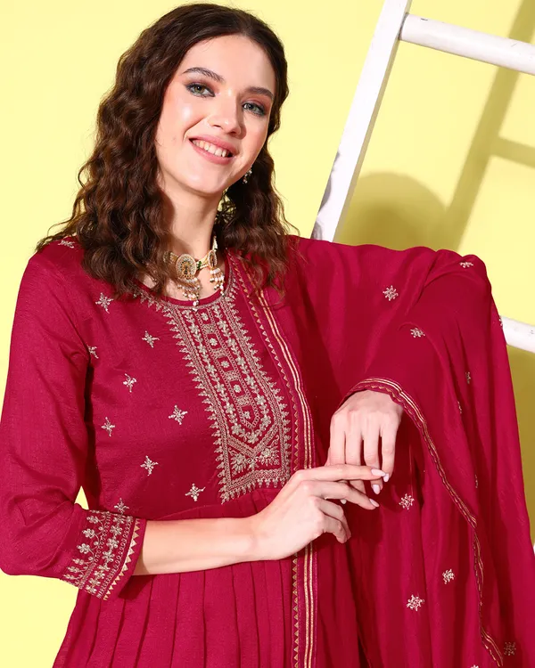 Pink_Chinon_Silk_Sequence_Zari_Embroidered_Flared_Kurta_Pant_With_Dupatta