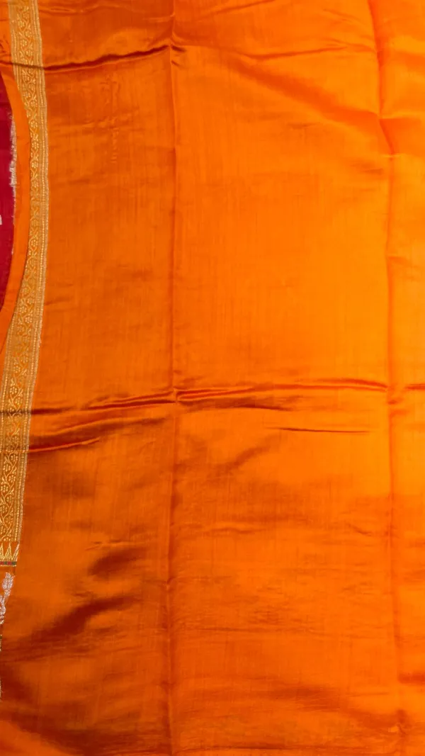 Humairah_Pure_Handloom_Red_Chiniya_Silk_Golden_Floral_Zari_Booti_Contrast_Orange_Skirt_Silver_Mina_Zari_Dual_Border_and_Orange_Floral_Boota_Pallu_with_Orange_Blouse