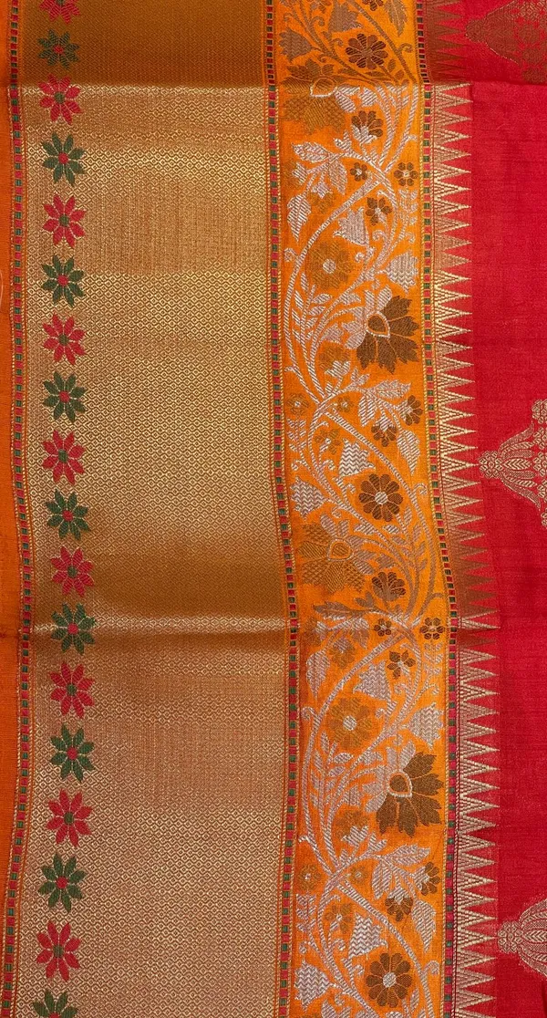 Humairah_Pure_Handloom_Red_Chiniya_Silk_Golden_Floral_Zari_Booti_Contrast_Orange_Skirt_Silver_Mina_Zari_Dual_Border_and_Orange_Floral_Boota_Pallu_with_Orange_Blouse