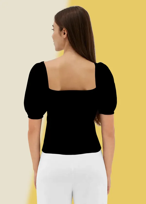 Black_Puff_Sleeve_Ribbed_Square_Neck__Casual__Tops_For_Women