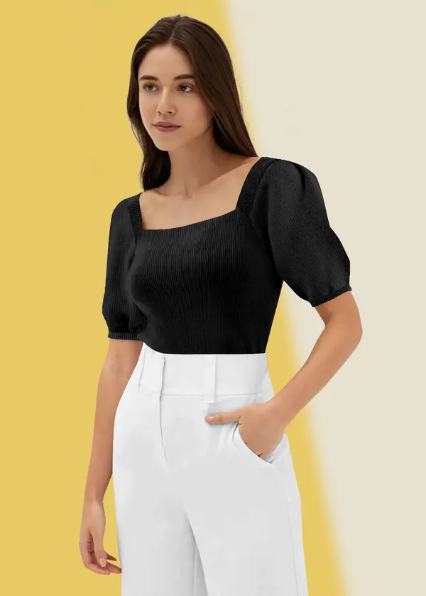 Black_Puff_Sleeve_Ribbed_Square_Neck__Casual__Tops_For_Women