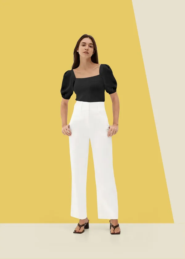Black_Puff_Sleeve_Ribbed_Square_Neck__Casual__Tops_For_Women