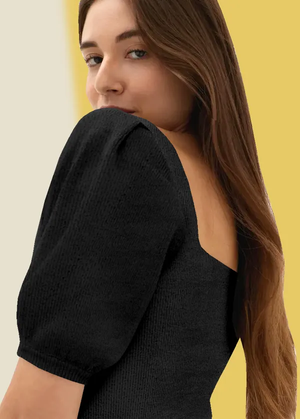 Black_Puff_Sleeve_Ribbed_Square_Neck__Casual__Tops_For_Women