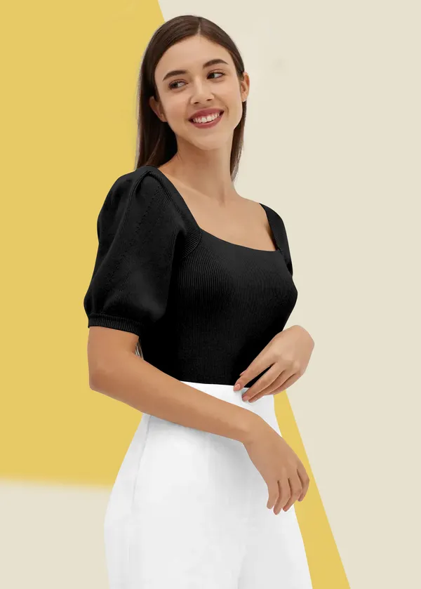 Black_Puff_Sleeve_Ribbed_Square_Neck__Casual__Tops_For_Women