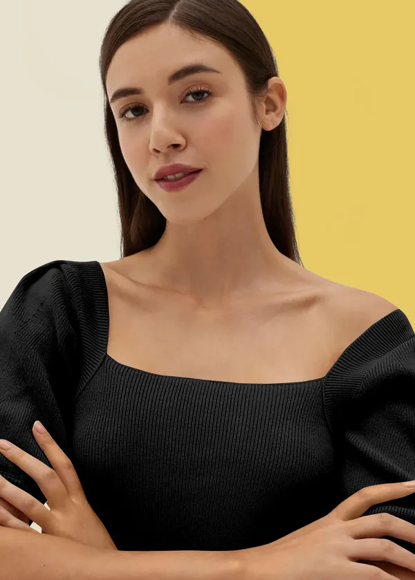 Black_Puff_Sleeve_Ribbed_Square_Neck__Casual__Tops_For_Women