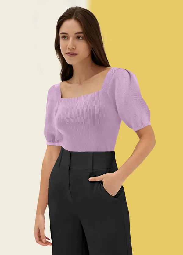 Periwinkle_Puff_Sleeve_Ribbed_Square_Neck__Casual__Tops_For_Women