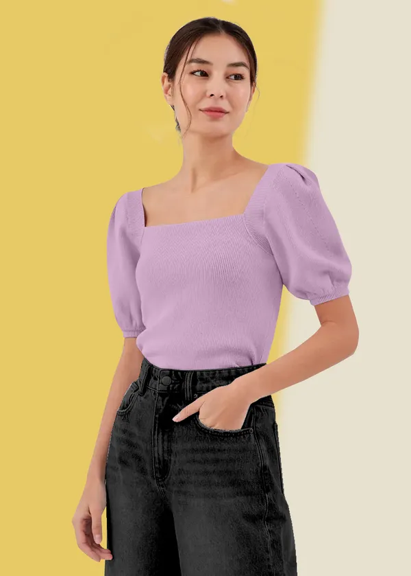Periwinkle_Puff_Sleeve_Ribbed_Square_Neck__Casual__Tops_For_Women
