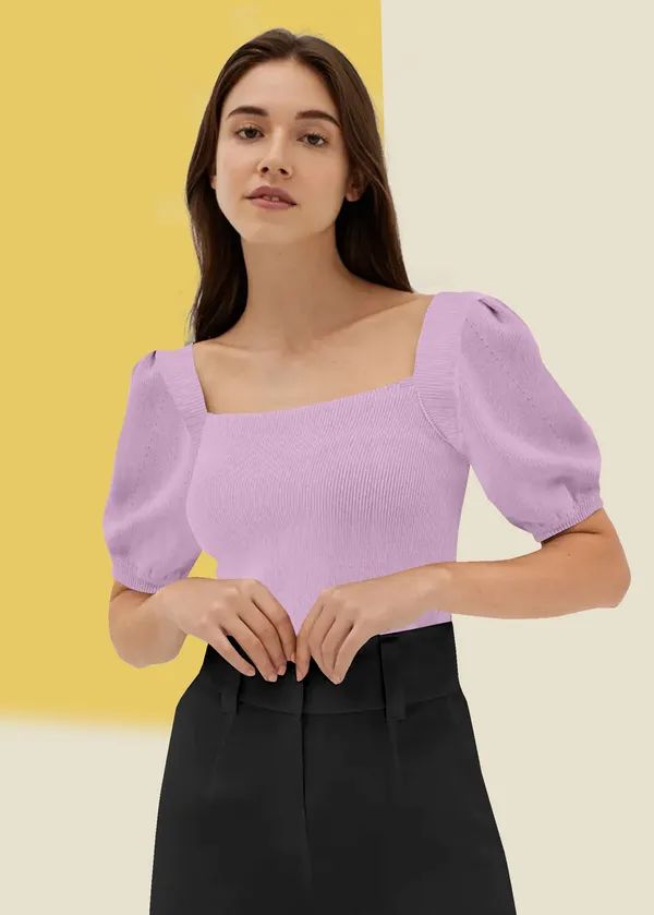 Periwinkle_Puff_Sleeve_Ribbed_Square_Neck__Casual__Tops_For_Women
