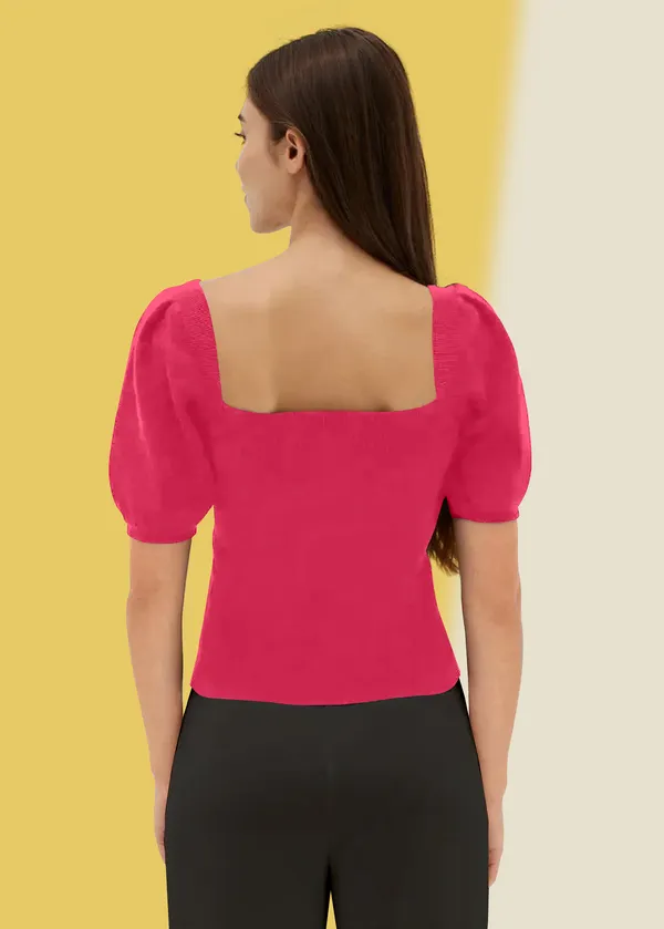 Pink_Puff_Sleeve_Ribbed_Square_Neck__Casual__Tops_For_Women