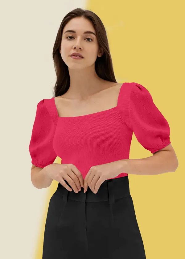 Pink_Puff_Sleeve_Ribbed_Square_Neck__Casual__Tops_For_Women