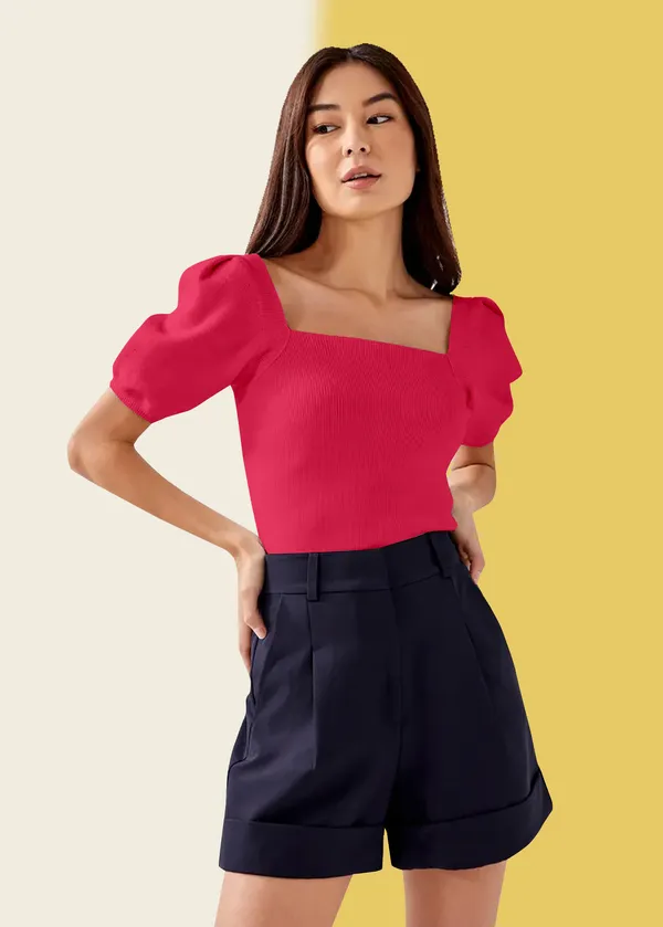 Pink_Puff_Sleeve_Ribbed_Square_Neck__Casual__Tops_For_Women