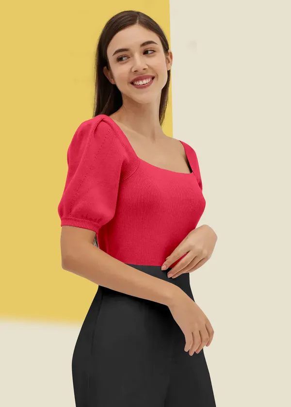 Pink_Puff_Sleeve_Ribbed_Square_Neck__Casual__Tops_For_Women
