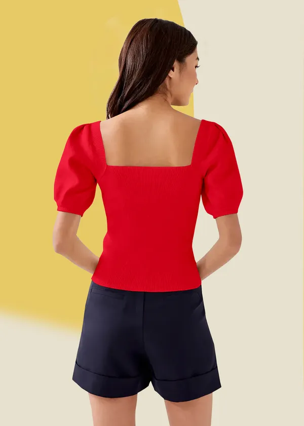 Red_Puff_Sleeve_Ribbed_Square_Neck__Casual__Tops_For_Women