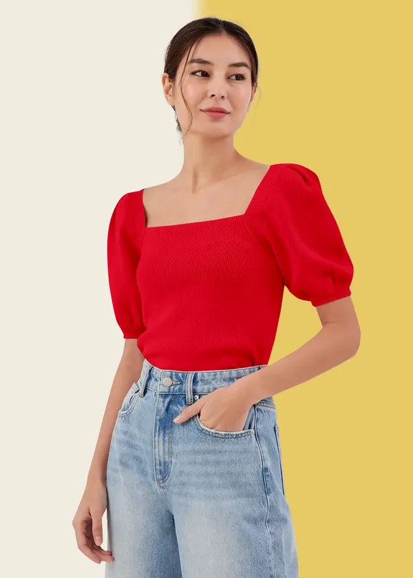 Red_Puff_Sleeve_Ribbed_Square_Neck__Casual__Tops_For_Women