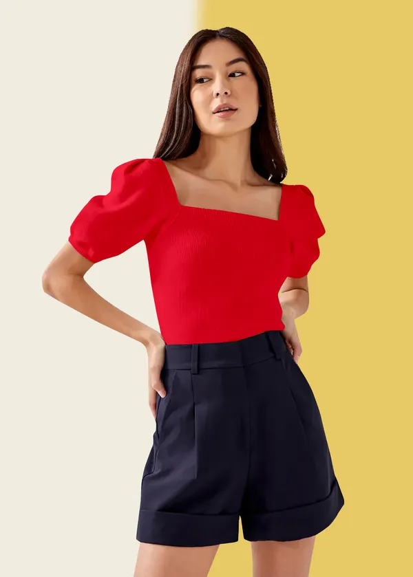 Red_Puff_Sleeve_Ribbed_Square_Neck__Casual__Tops_For_Women