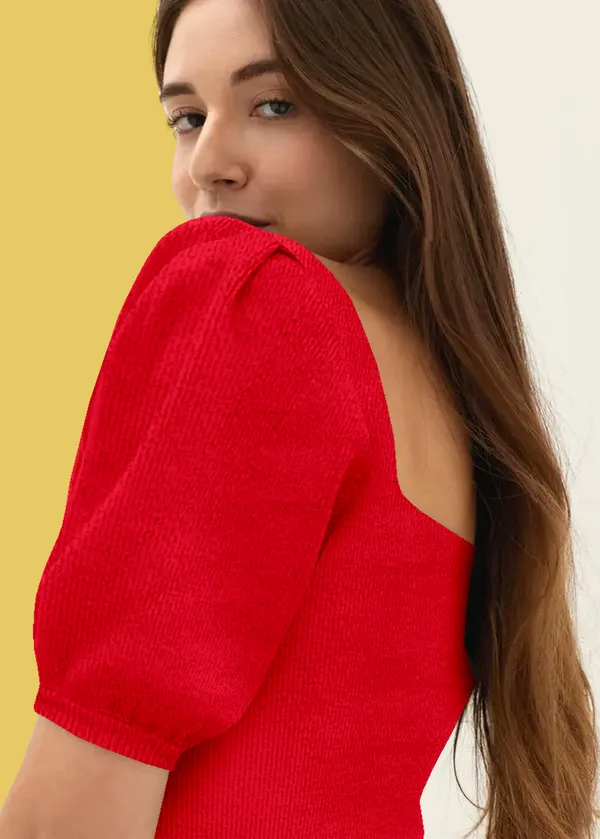 Red_Puff_Sleeve_Ribbed_Square_Neck__Casual__Tops_For_Women