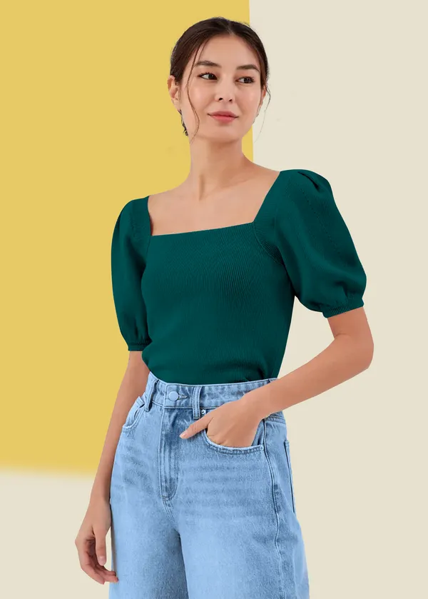 Tail_Green_Puff_Sleeve_Ribbed_Square_Neck__Casual__Tops_For_Women