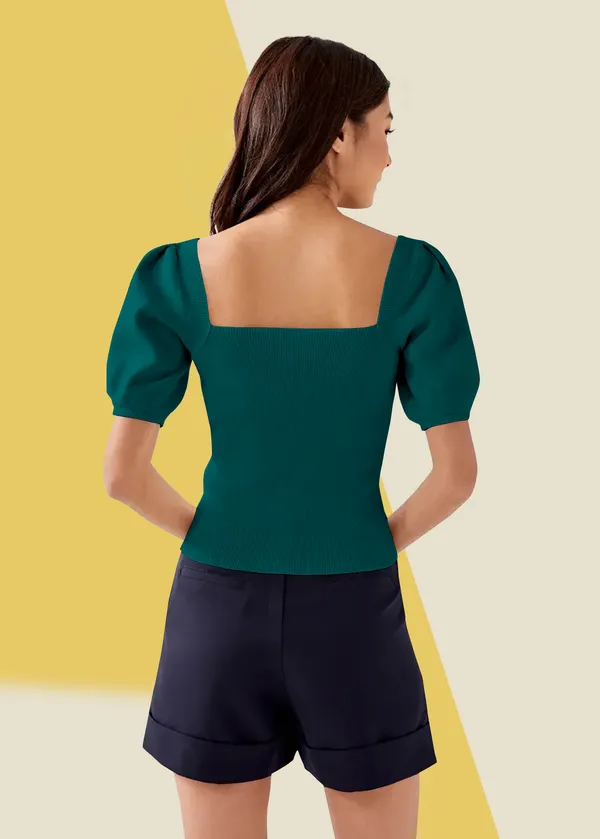 Tail_Green_Puff_Sleeve_Ribbed_Square_Neck__Casual__Tops_For_Women