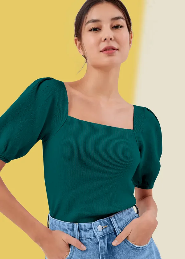 Tail_Green_Puff_Sleeve_Ribbed_Square_Neck__Casual__Tops_For_Women