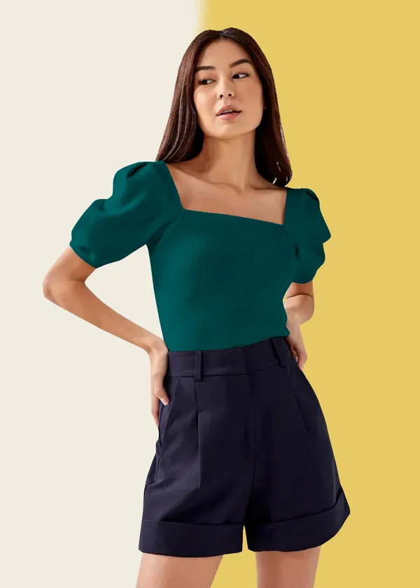 Tail_Green_Puff_Sleeve_Ribbed_Square_Neck__Casual__Tops_For_Women