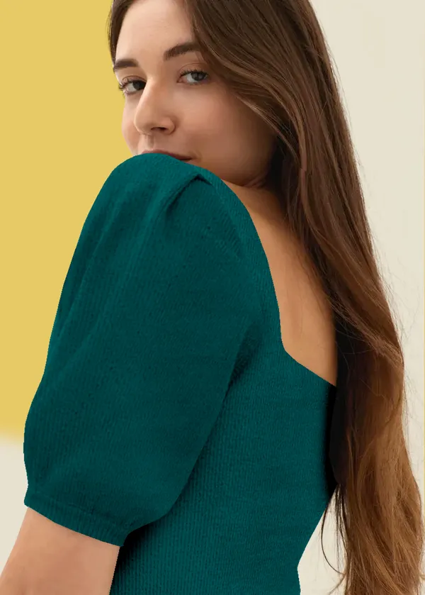 Tail_Green_Puff_Sleeve_Ribbed_Square_Neck__Casual__Tops_For_Women