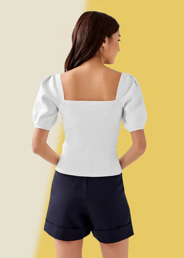 White_Puff_Sleeve_Ribbed_Square_Neck__Casual__Tops_For_Women