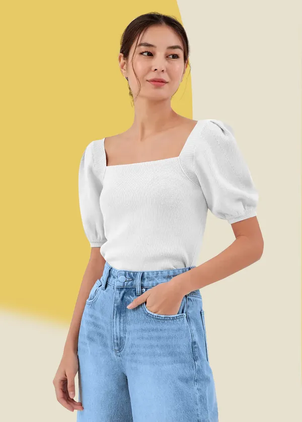 White_Puff_Sleeve_Ribbed_Square_Neck__Casual__Tops_For_Women