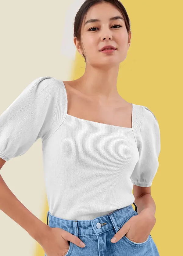 White_Puff_Sleeve_Ribbed_Square_Neck__Casual__Tops_For_Women