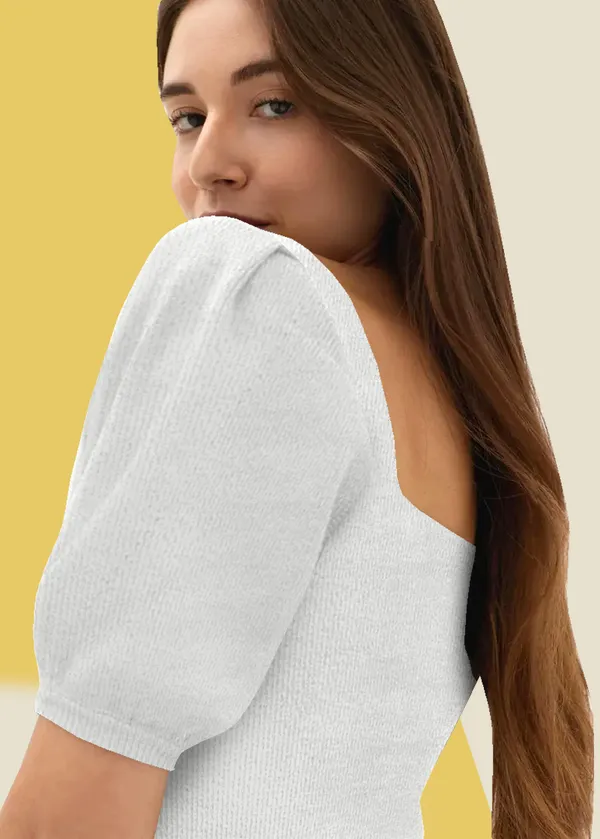 White_Puff_Sleeve_Ribbed_Square_Neck__Casual__Tops_For_Women