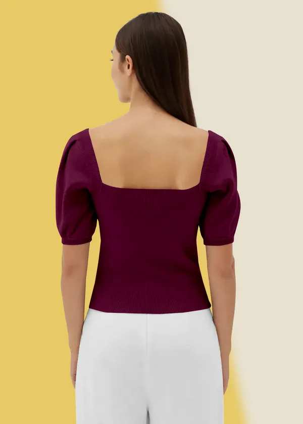 Wine_Puff_Sleeve_Ribbed_Square_Neck__Casual__Tops_For_Women