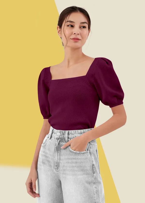 Wine_Puff_Sleeve_Ribbed_Square_Neck__Casual__Tops_For_Women
