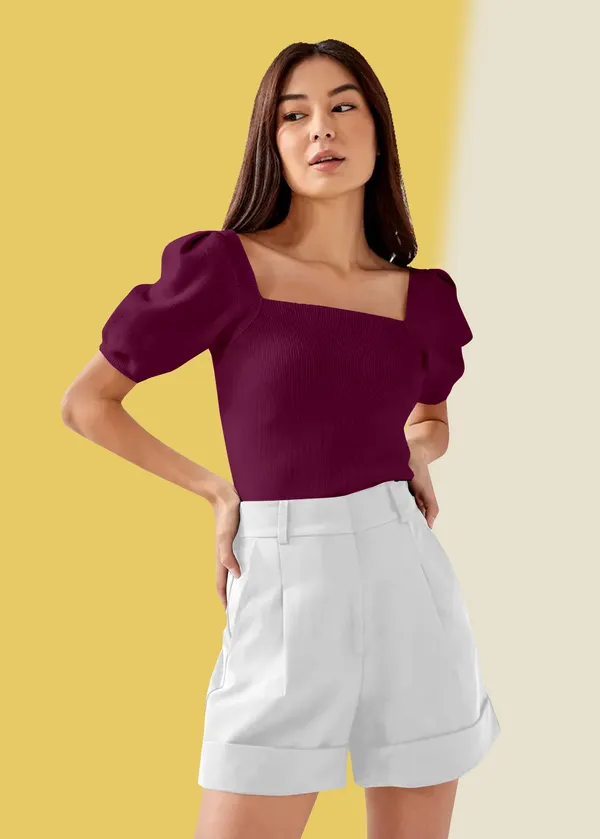 Wine_Puff_Sleeve_Ribbed_Square_Neck__Casual__Tops_For_Women