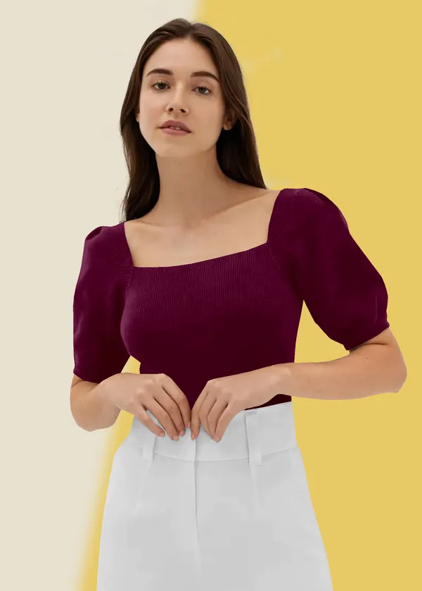 Wine_Puff_Sleeve_Ribbed_Square_Neck__Casual__Tops_For_Women