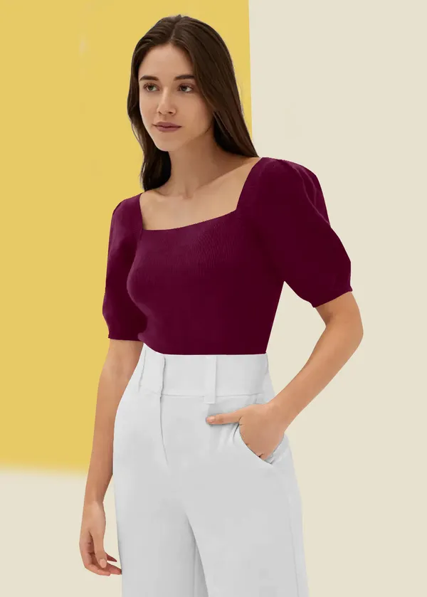 Wine_Puff_Sleeve_Ribbed_Square_Neck__Casual__Tops_For_Women
