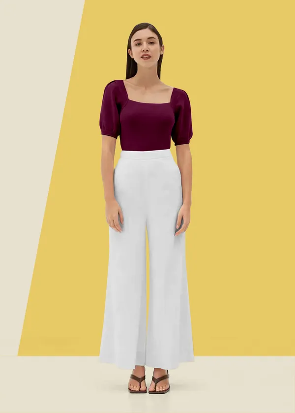 Wine_Puff_Sleeve_Ribbed_Square_Neck__Casual__Tops_For_Women