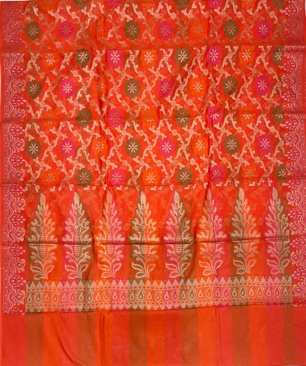 Humairah_Presents_Orange_Semi_Georgette_Alfi_Mina_Floral_Zari_Jaal_Minakari_Zari_Border_with_Banarasi_Floral_Boota_Pallu_and_Red_Multi_Stripe_Blouse