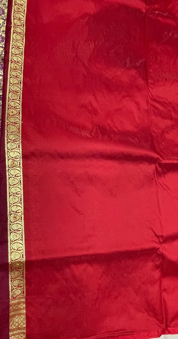 Humairah_Presents_Purple_Stone_Work_Golden_Zari_Booti_Floral_Jaal_with_Paisely_Contrast_Red_Boota_Pallu_Zari_Border_and_Red_Blouse_Banarasi_Saree