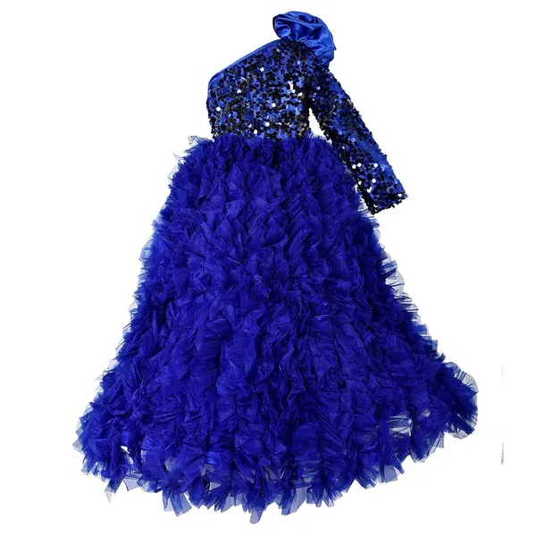 Blue_Polyester_Blend_Sequined_One_Shoulder_Dress_For_Girls