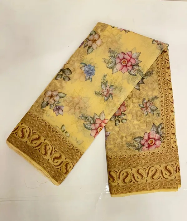 Humairah_Presents_Pure_Handloom_Yellow_Chiffon_Floral_Digital_Print_Boota_with_Paisley_Copper_Zari_Border_and_Yellow_Blouse