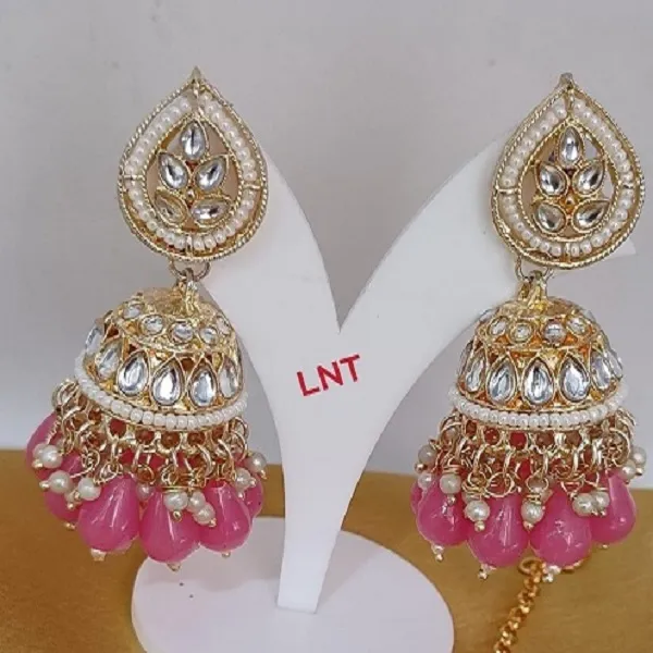 Pink_Colour_Jhumki_Earrings_With_Mang_Tikka_For_Women.