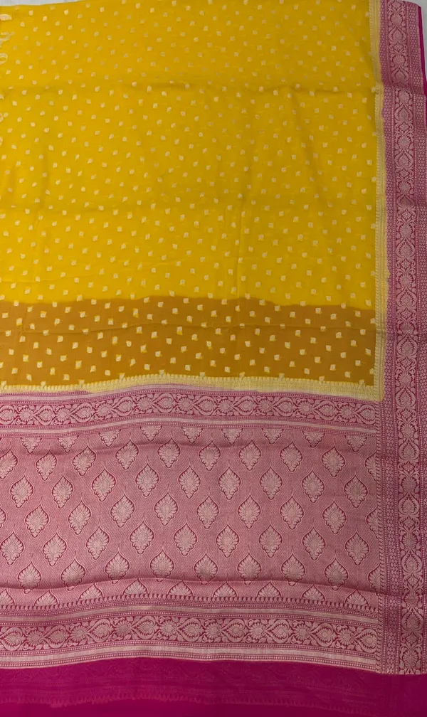 Humairah_Presents_Pure_Handloom_Yellow_Chiffon_Resham_Zari_Chunri_Booti_Skirt_Paithani_Border_with_Contrast_Pink_Pallu_and_Pink_Blouse