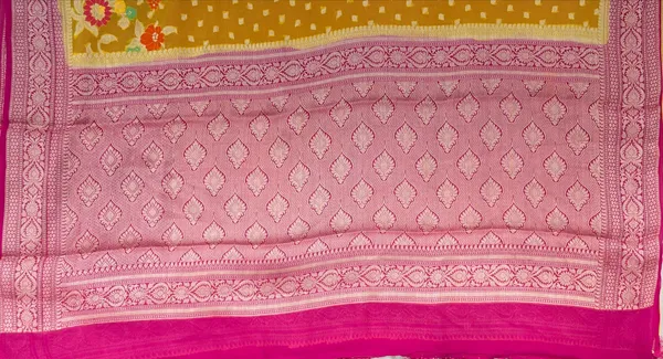Humairah_Presents_Pure_Handloom_Yellow_Chiffon_Resham_Zari_Chunri_Booti_Skirt_Paithani_Border_with_Contrast_Pink_Pallu_and_Pink_Blouse
