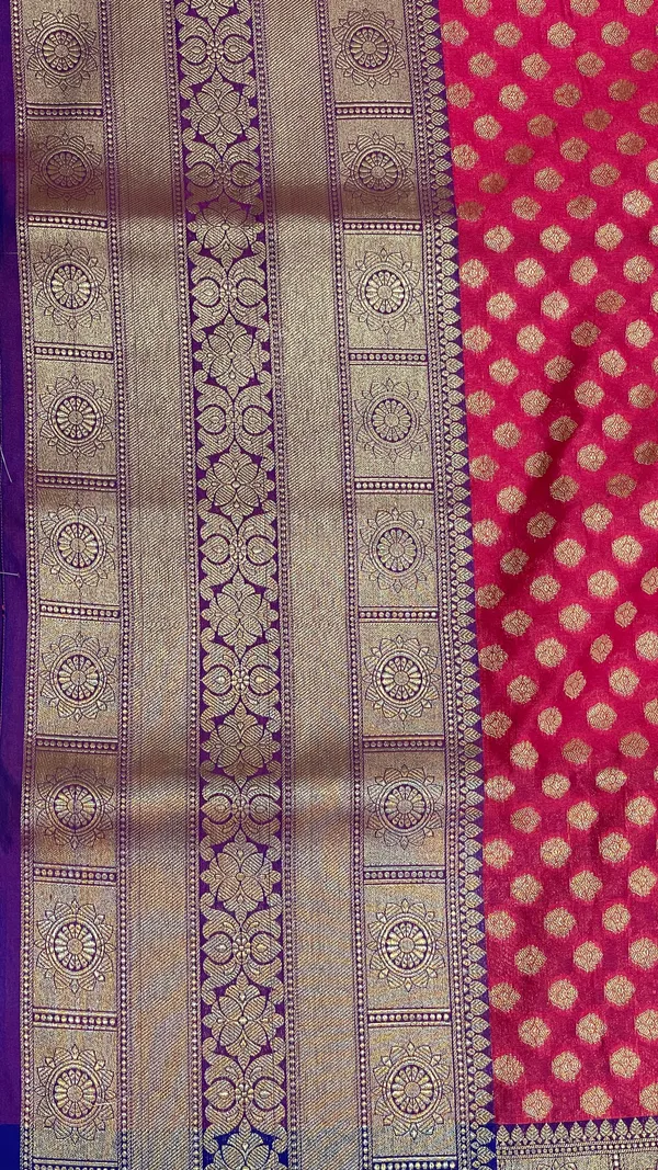 Humairah_Presents_Pink_Katan_Silk_Golden_Zari_Chunri_Booti_with_Contrast_Blue_Paisley_Pallu_and_Skirt_Zari_Border_with_Blue_Blouse